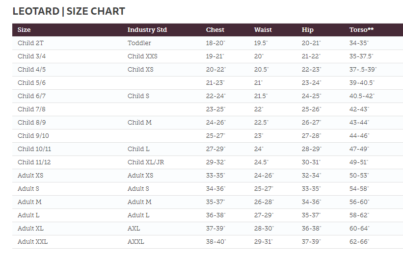 Size Chart | Gymsports WA